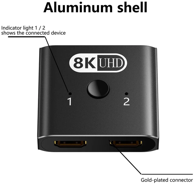 Alt view image 3 of 7 - 8K HD 2.0 Switch 2 in 1 Out - 8K@60Hz Bi-Directional HD Splitter 1 in 2 Out, Plug & Play, Aluminum Multi Port Ultra-HD Switcher | Selector for Dual Monitor TV Video Gaming Nintendo HDR10 Xbox