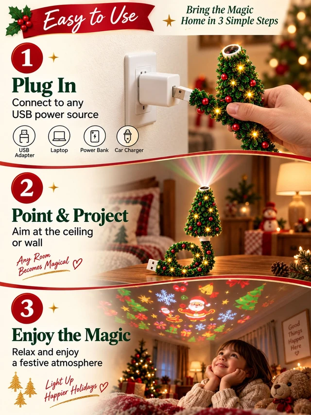 Alt view image 4 of 7 - Plug and Play Hd USB Christmas Tree Projector with 6 Festive Scenes | Christmas Tree Design Plug in Night Light Ceiling Projector Indoor, for Room Decor Holiday Party Xmas Gifts