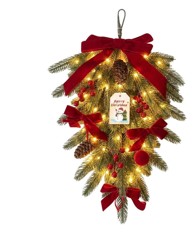 Main image of Sturdy Teardrop Wreath, with Artificial Red, Berry Bow Lights, Festive | Outdoor Christmas Wreath, Teardrop Swag for, Home Living Room, Kitchen Wall Window, Porch Patio Winter, Party Holiday