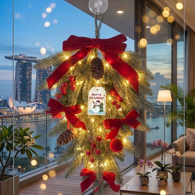 Alt view image 3 of 7 - Sturdy Teardrop Wreath, with Artificial Red, Berry Bow Lights, Festive | Outdoor Christmas Wreath, Teardrop Swag for, Home Living Room, Kitchen Wall Window, Porch Patio Winter, Party Holiday