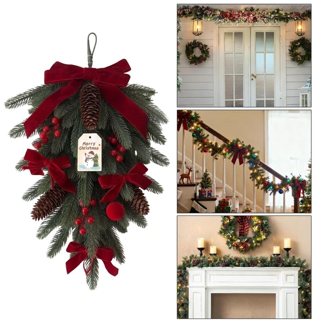 Alt view image 4 of 7 - Sturdy Teardrop Wreath, with Artificial Red, Berry Bow Lights, Festive | Outdoor Christmas Wreath, Teardrop Swag for, Home Living Room, Kitchen Wall Window, Porch Patio Winter, Party Holiday