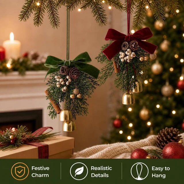 Alt view image 2 of 7 - Christmas Bows with Bells for Christmas Tree Decor | Pine Branch and Pine Cone Hanging Ornaments for Xmas Tree Wreaths, Gifts, and Xmas Holiday Outdoor Home Decor