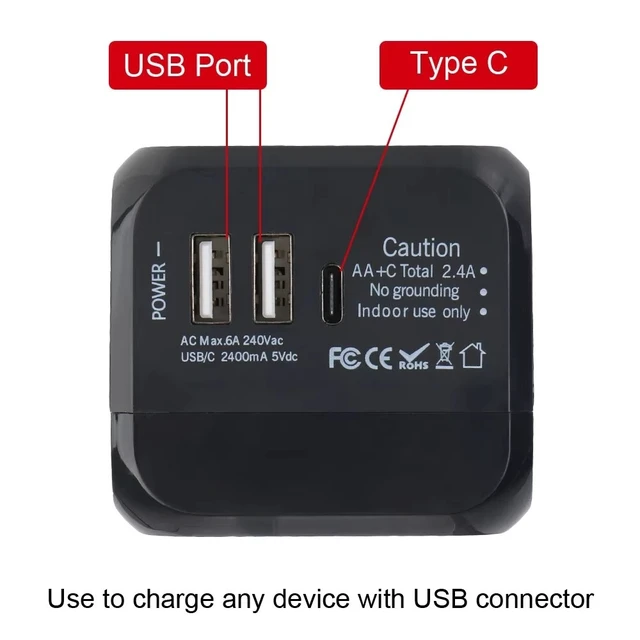 Alt view image 3 of 7 - Worldwide Universal Power Adapter with 2 USB and 1 Type-C Charging Port Converter All in One International Out of Country Travel Wall Charger Plug for Wall Plug Input in USA, EU, UK, and AUS