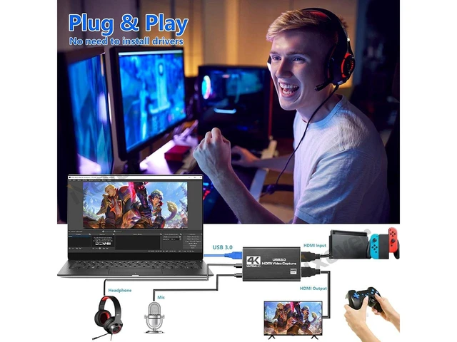 Alt view image 6 of 7 - 4K Audio Video Capture Card, USB 3.0 HDMI Video Capture Device 4K HDMI Loop-Out, 1080P 60FPS/2K 30FPS For Game Recording, Live Streaming Works for PS5/Switch/Camera/PC/OBS(Black)