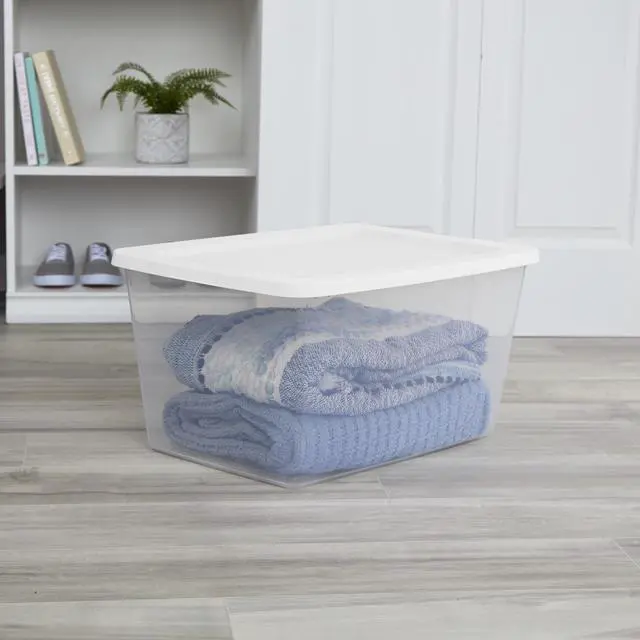 Main image of Sterilite 58 Quart Medium Storage Bin, Clear Plastic Storage Container with Snap-On Lid, White