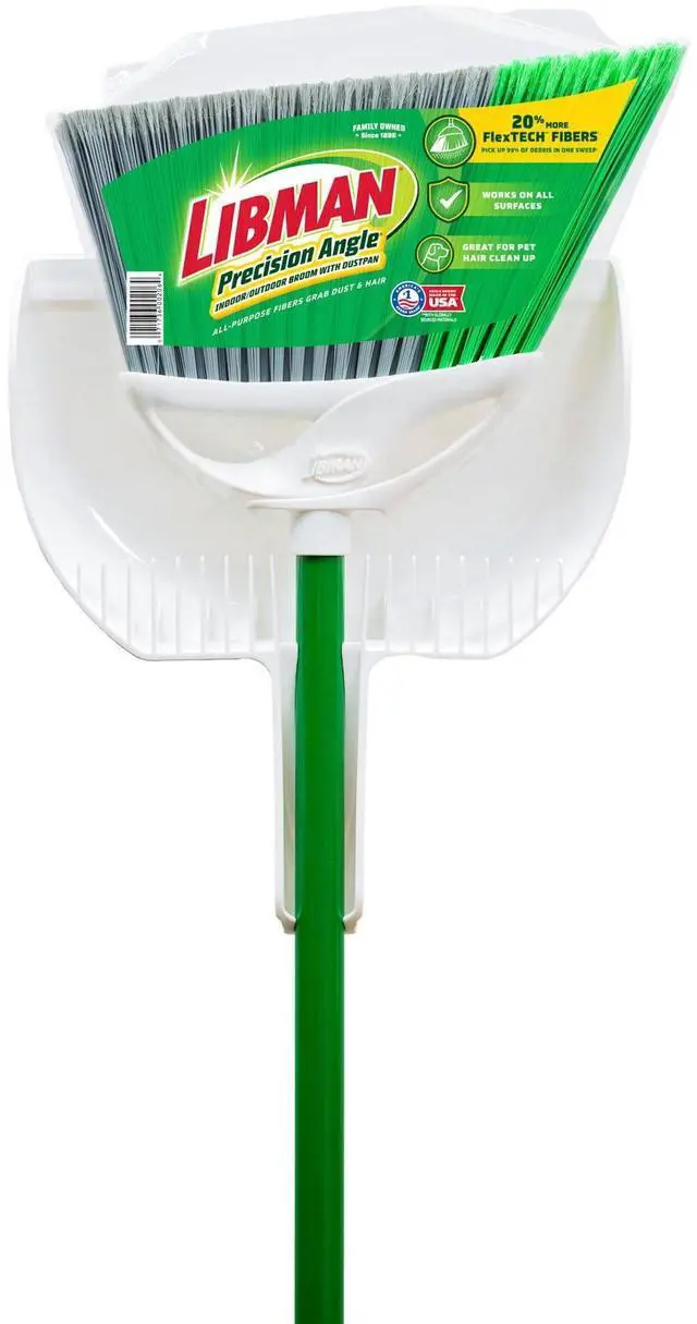 Main image of Libman Precision Angle Broom With Dustpan, Green White, Recycled Plastic Fibers