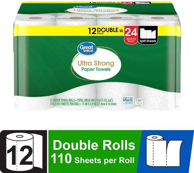 Main image of Great Value Ultra Strong Paper Towels, White, 12 Double Rolls, 1320 Sheets