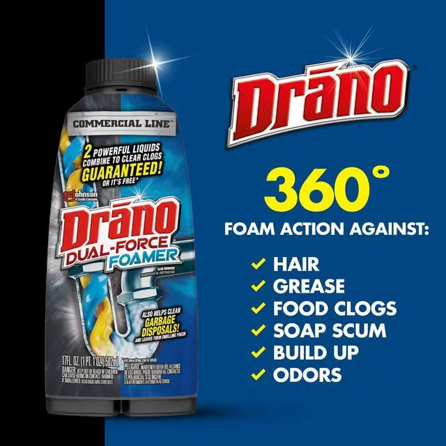 Alt view image 4 of 7 - Drano Dual-Force Foamer, Hair and Drain Clog Remover, Commercial Line, 17 fl oz