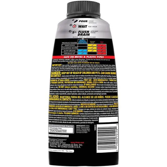 Alt view image 7 of 7 - Drano Dual-Force Foamer, Hair and Drain Clog Remover, Commercial Line, 17 fl oz