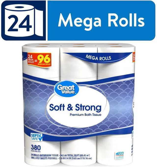 Main image of Great Value Soft & Strong Premium Toilet Paper, 24 Mega Rolls, 380 Sheets per Roll