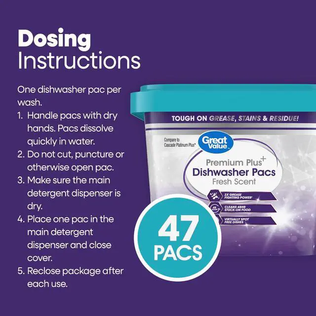 Alt view image 2 of 6 - Great Value Premium Plus Dishwasher Pacs, Fresh Scent, 47 Count
