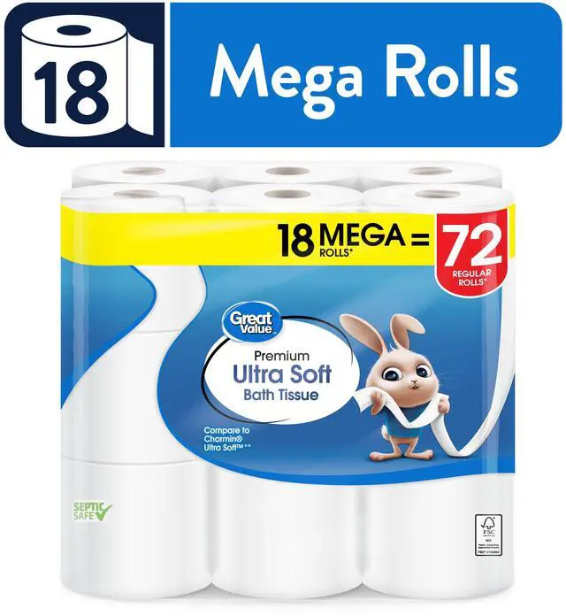 Main image of Great Value Ultra Soft Toilet Paper, 18 Mega Rolls, Compare to Charmin® Ultra Soft