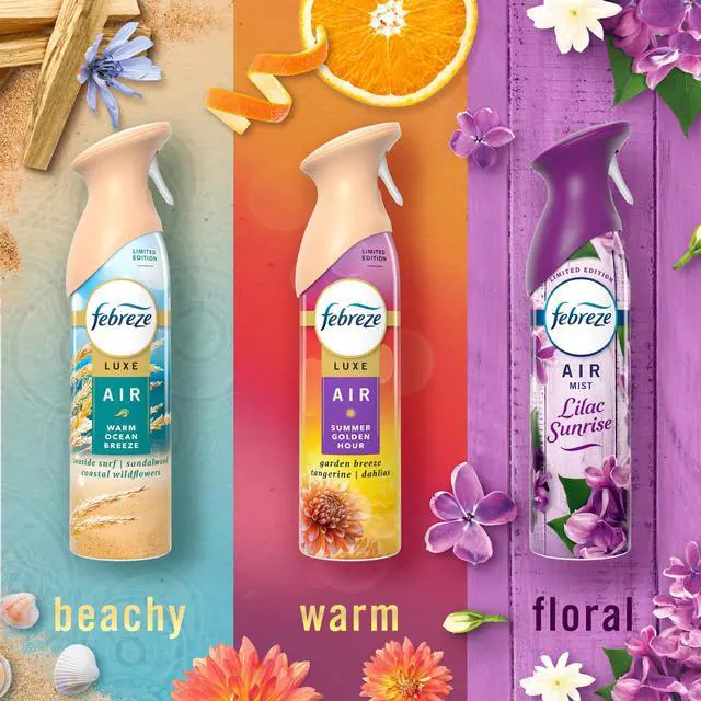 Alt view image 5 of 6 - Febreze Air Mist 8.1oz (Pack of 3) Lilac Sunrise, Warm Ocean Breeze, Summer Golden Hour Variety Pack, Odor Fighting Room Spray