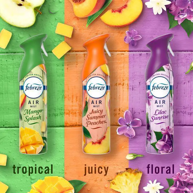 Alt view image 5 of 6 - Febreze Air Mist Odor Fighting Room Spray, Lilac Sunrise/Summer Peaches/Mango Splash Variety Pack, 8.1oz (Pack of 3)