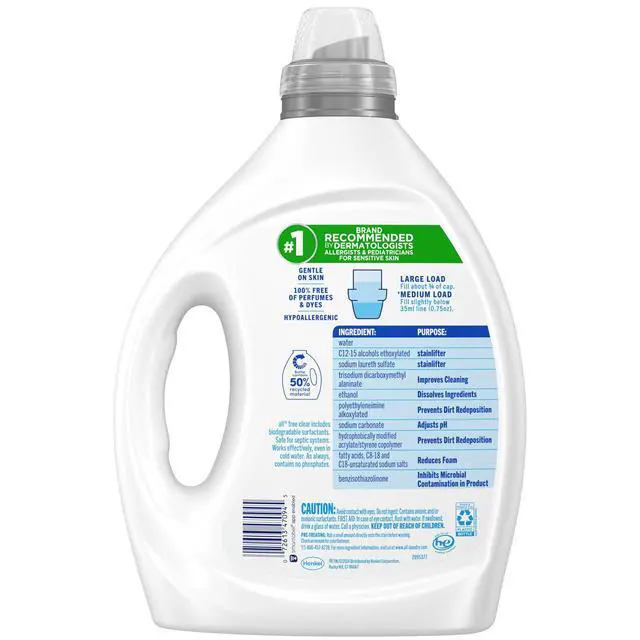 Alt view image 2 of 5 - All Free Clear Original Liquid Laundry Detergent for Sensitive Skin, Unscented, Hypoallergenic, Concentrated, 82.5oz, 110 Loads