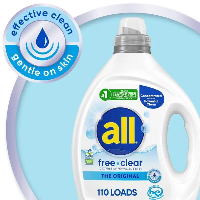 Alt view image 5 of 5 - All Free Clear Original Liquid Laundry Detergent for Sensitive Skin, Unscented, Hypoallergenic, Concentrated, 82.5oz, 110 Loads
