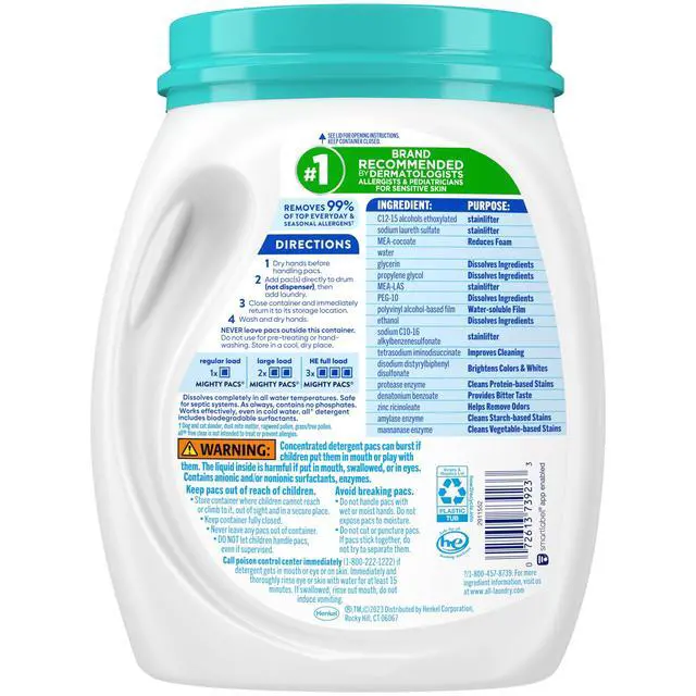 Alt view image 5 of 6 - All MIGHTY Pacs Laundry Detergent for Sensitive Skin, Odor Relief, 56 Count