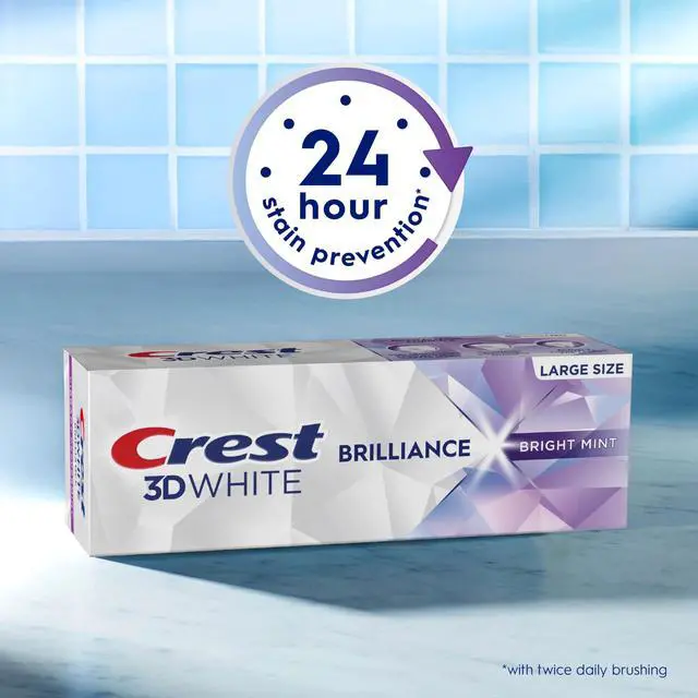 Alt view image 4 of 6 - Crest 3D White Brilliance Bright Mint Teeth Whitening Toothpaste, 4.3 oz Pack of 3, 100% More Surface Stain Removal, 24 Hour Active Stain Prevention, Whiter Teeth in 3 Da