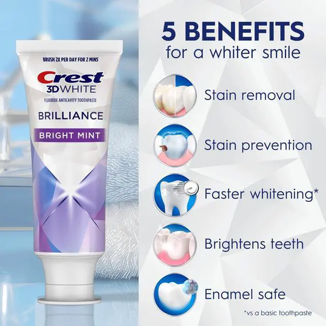 Alt view image 2 of 6 - Crest 3D White Brilliance Bright Mint Teeth Whitening Toothpaste, 4.3 oz Pack of 3, 100% More Surface Stain Removal, 24 Hour Active Stain Prevention, Whiter Teeth in 3 Da