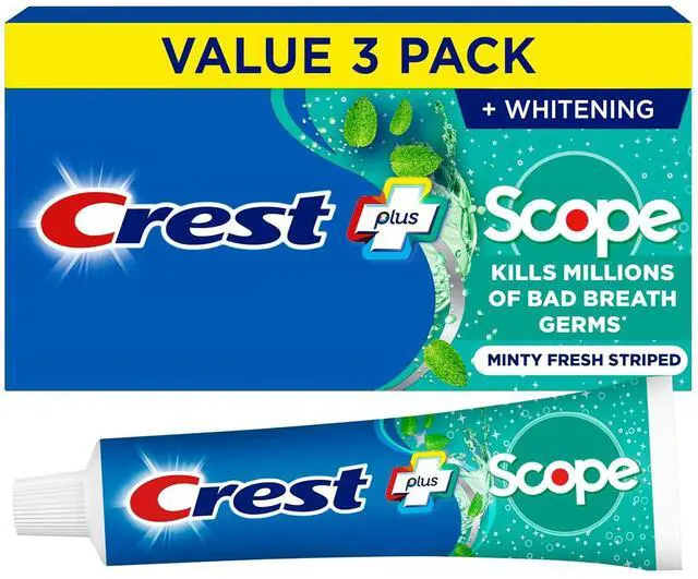 Main image of Crest + Scope Whitening Toothpaste, Pack of 3, 5.4 Oz Tubes, Anticavity Fluoride, Fresh Breath, Kills Germs, Tartar Protection, Enamel Protection, Minty Fresh Flavor