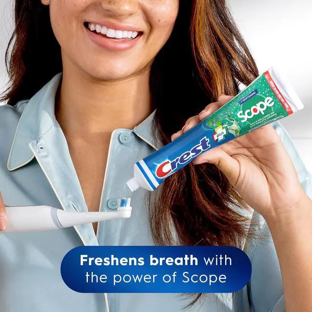 Alt view image 4 of 6 - Crest + Scope Whitening Toothpaste, Pack of 3, 5.4 Oz Tubes, Anticavity Fluoride, Fresh Breath, Kills Germs, Tartar Protection, Enamel Protection, Minty Fresh Flavor