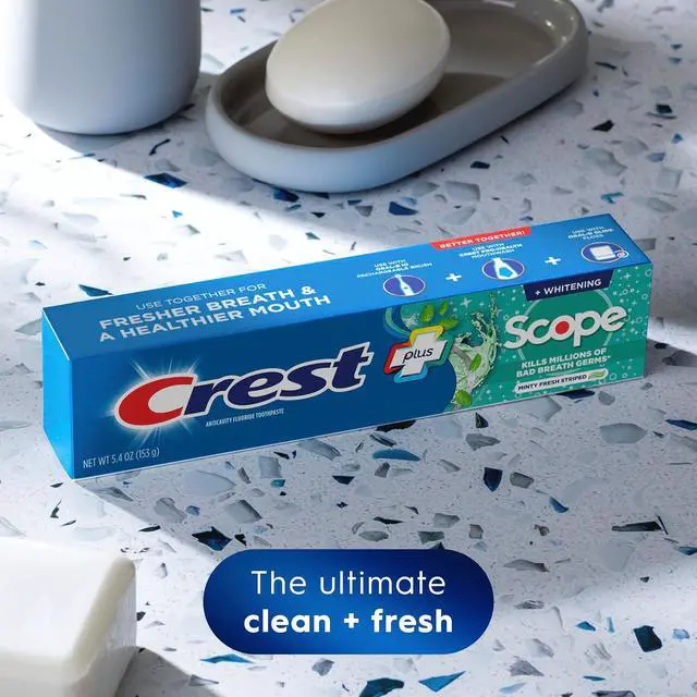 Alt view image 5 of 6 - Crest + Scope Whitening Toothpaste, Pack of 3, 5.4 Oz Tubes, Anticavity Fluoride, Fresh Breath, Kills Germs, Tartar Protection, Enamel Protection, Minty Fresh Flavor