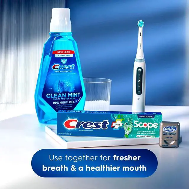 Alt view image 6 of 6 - Crest + Scope Whitening Toothpaste, Pack of 3, 5.4 Oz Tubes, Anticavity Fluoride, Fresh Breath, Kills Germs, Tartar Protection, Enamel Protection, Minty Fresh Flavor
