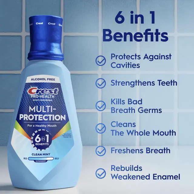 Alt view image 5 of 6 - Crest Pro Health Multi-Protection Mouthwash 1L 2 Pack, Alcohol Free, Fluoride, Enamel Repair, Breath Freshener, Anti Cavity, Bad Breath Treatment for Adults, with CPC