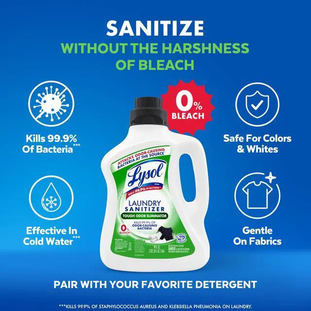 Alt view image 6 of 6 - Lysol Tough Odor Eliminator Laundry Sanitizer Additive, 90oz, 0% Bleach, Eliminates Odor Causing Bacteria for Gym Clothes and Activewear