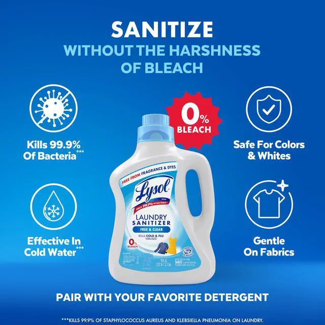 Alt view image 6 of 6 - Lysol Laundry Sanitizer Additive, Free & Clear, Unscented, 0% Bleach, 90 Fl Oz (Pack of 1)
