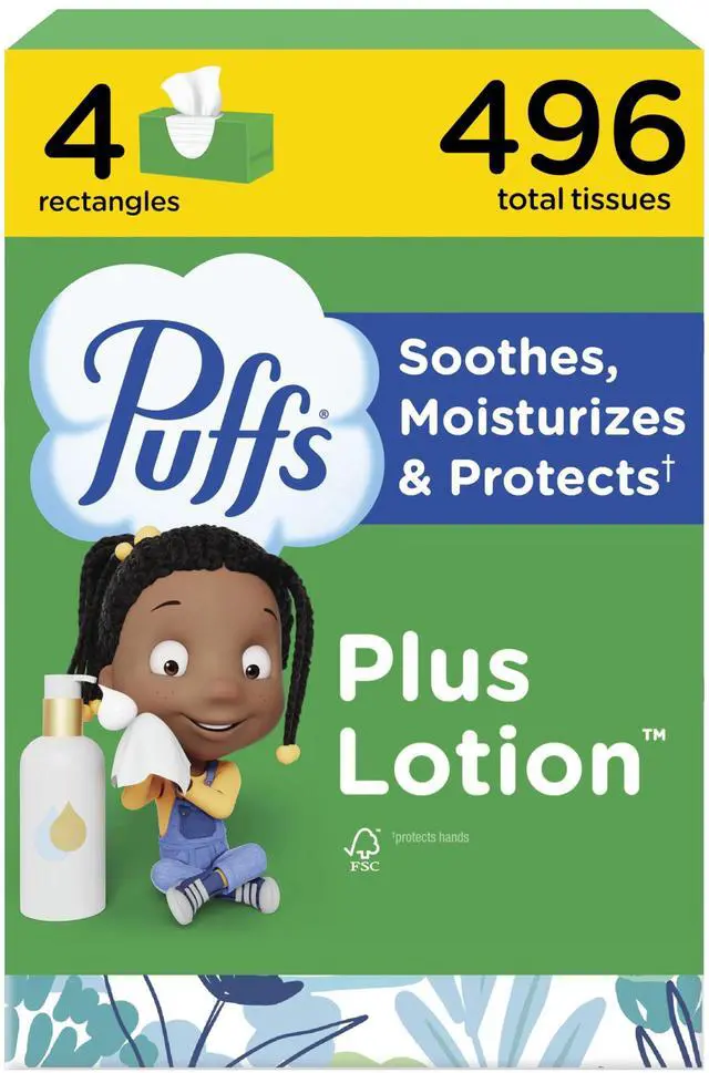 Main image of Puffs Facial Tissues with Lotion, 4 Family Boxes, 124 Tissues per Box, for Allergies and Colds (Packaging May Vary)