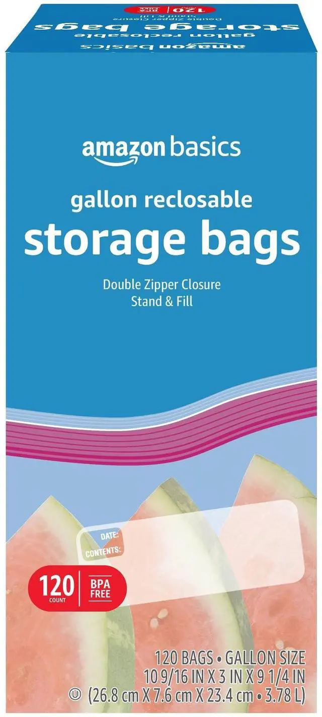 Main image of Amazon Basics Reusable Gallon Food Storage Bags with Double Zipper Seal, Stand and Fill Base, BPA-Free, 120 Count