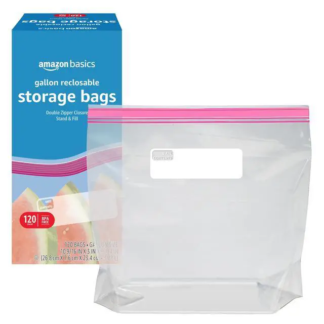 Alt view image 2 of 5 - Amazon Basics Reusable Gallon Food Storage Bags with Double Zipper Seal, Stand and Fill Base, BPA-Free, 120 Count