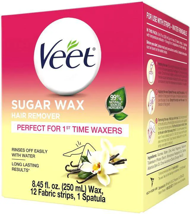 Main image of VEET Sugar Wax Hair Remover Waxing Kit with Essential Oils and Floral Vanilla Fragrance, 250ml Wax, 12 Fabric Strips and 1 Spatula
