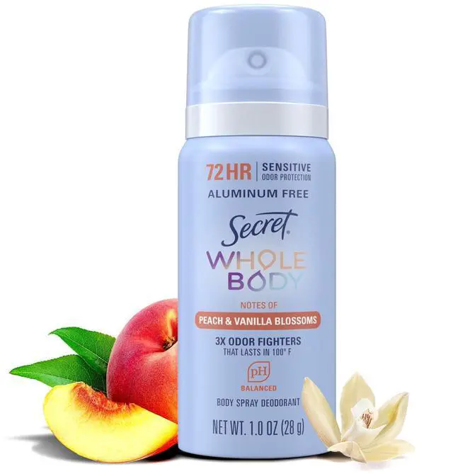 Main image of Secret Whole Body Deodorant Spray, 72 HR Odor Protection, Peach & Vanilla Scent, Aluminum Free, 1.0oz