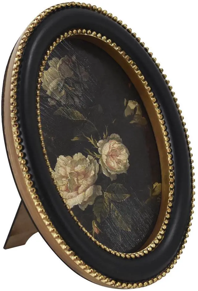 Main image of Home Decor Collection 6x8 White Rose Floral Print Gold Ornate Black Round Wall Art or Tabletop by Antoine Monnoyer with Gold Beaded Frame