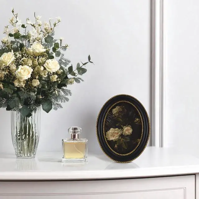 Alt view image 5 of 7 - Home Decor Collection 6x8 White Rose Floral Print Gold Ornate Black Round Wall Art or Tabletop by Antoine Monnoyer with Gold Beaded Frame