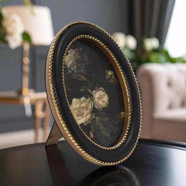 Alt view image 4 of 7 - Home Decor Collection 6x8 White Rose Floral Print Gold Ornate Black Round Wall Art or Tabletop by Antoine Monnoyer with Gold Beaded Frame