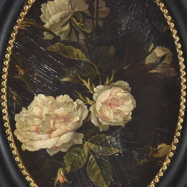 Alt view image 2 of 7 - Home Decor Collection 6x8 White Rose Floral Print Gold Ornate Black Round Wall Art or Tabletop by Antoine Monnoyer with Gold Beaded Frame