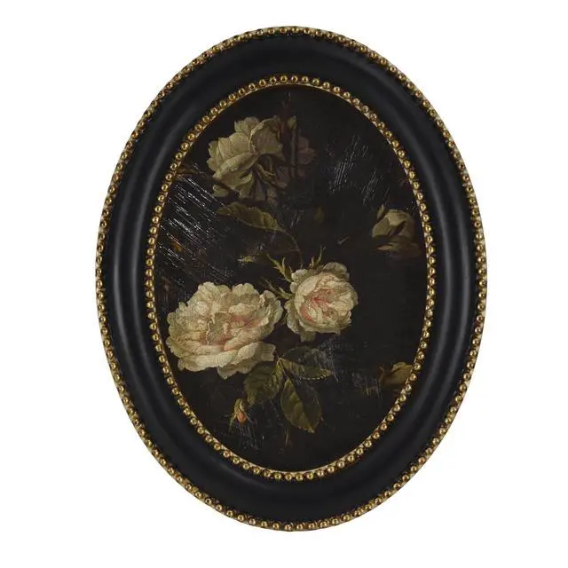 Alt view image 6 of 7 - Home Decor Collection 6x8 White Rose Floral Print Gold Ornate Black Round Wall Art or Tabletop by Antoine Monnoyer with Gold Beaded Frame