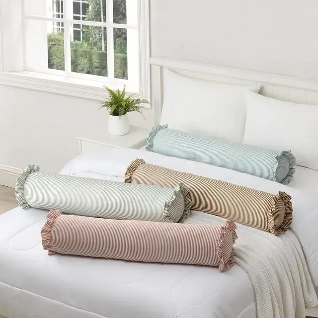 Alt view image 2 of 5 - Blue Striped Ruffle Bolster Decorative Pillow 8" x 36" Home Decor Collection