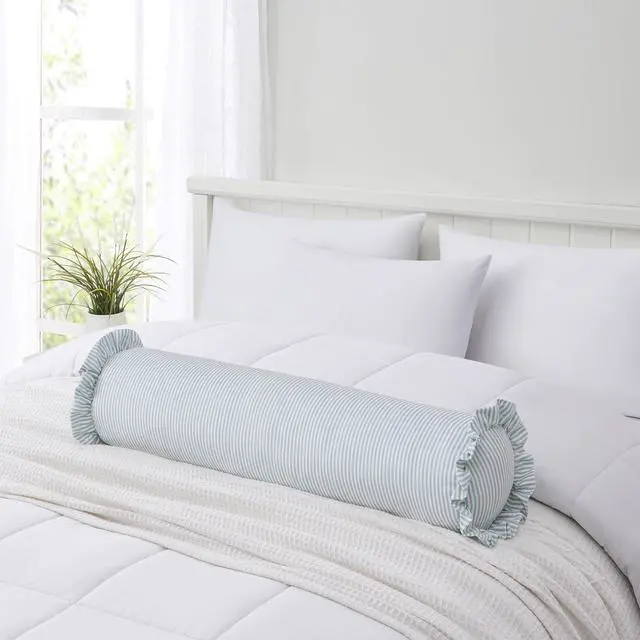 Alt view image 3 of 5 - Blue Striped Ruffle Bolster Decorative Pillow 8" x 36" Home Decor Collection