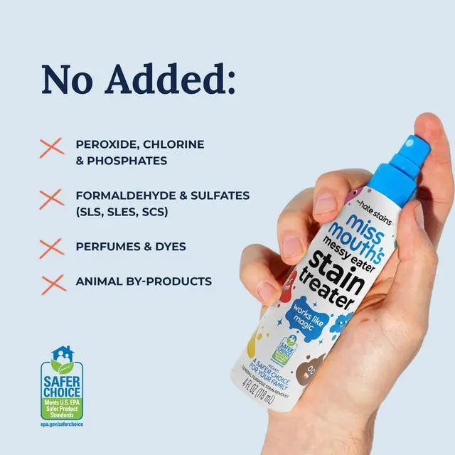 Alt view image 5 of 5 - Miss Mouth's Messy Eater Stain Treater Spray 4 fl oz, 2 pk Baby & Kids Stain Remover for Food, Grease, Coffee & More Gentle on Laundry, Fabric & Underwear Newborn & Baby Essentials