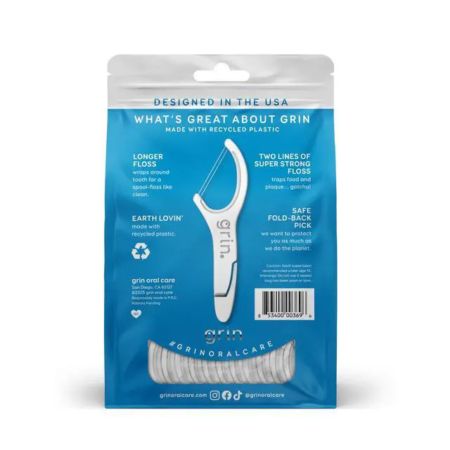 Alt view image 4 of 6 - GRIN Double Flosspyx Floss Picks 150 ct Dental Flossers Minty Flavor Recycled Plastic 2 Lines of Strong Floss Longer Floss Head Traps Food and Plaque Includes Safe Soft F