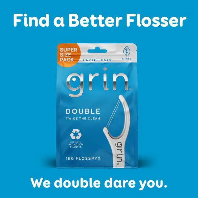 Alt view image 6 of 6 - GRIN Double Flosspyx Floss Picks 150 ct Dental Flossers Minty Flavor Recycled Plastic 2 Lines of Strong Floss Longer Floss Head Traps Food and Plaque Includes Safe Soft F