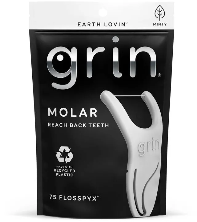Main image of GRIN Molar Flosspyx Floss Picks, 75 Count Dental Flossers, Minty Flavor, Recycled Plastic, Great for Reaching Back Teeth, Slides Easily Between Teeth, Includes Safe Soft