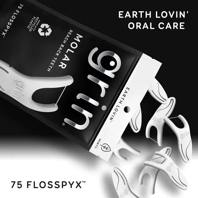 Alt view image 4 of 6 - GRIN Molar Flosspyx Floss Picks, 75 Count Dental Flossers, Minty Flavor, Recycled Plastic, Great for Reaching Back Teeth, Slides Easily Between Teeth, Includes Safe Soft