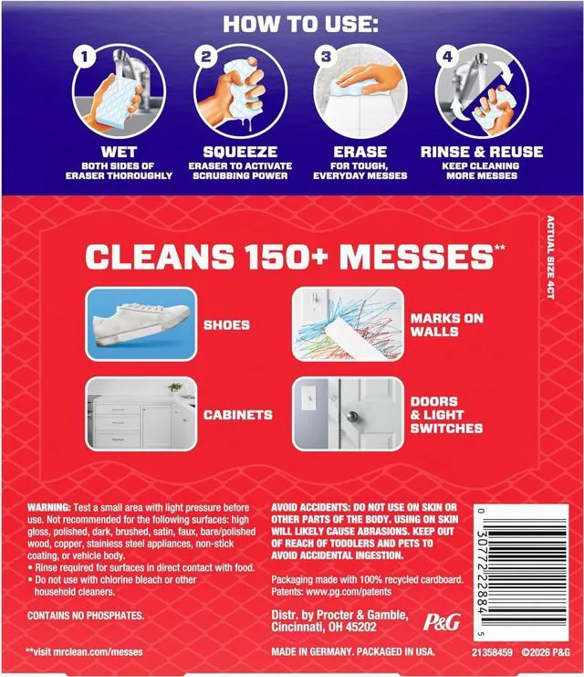 Alt view image 7 of 7 - Mr. Clean Magic Eraser Sponge, All Purpose Cleaner, Cleaning Scrubber, Wall, Sneaker, Kitchen, Bathroom, Shower Cleaner, Cleaning Supplies, Melamine Sponge, Cleaning Pads, Extra Durable, 4ct