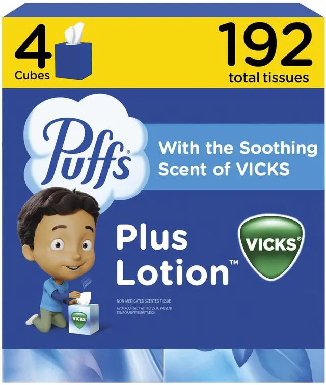 Main image of Puffs Plus Lotion with Vicks Facial Tissues, 4 Cubes (192 Tissues), Packaging May Vary