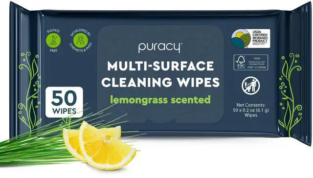 Main image of Puracy All Purpose Cleaning Wipes, Non Toxic Multi-Surface, Lemongrass Scent, 50 Count (1 Pack)